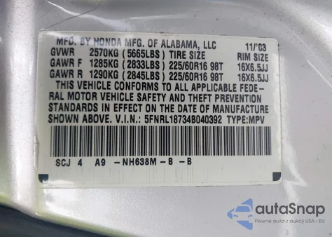 2004 Honda Odyssey Ex-L z USA, uszkodzony, nr VIN 5FNRL18734B040392